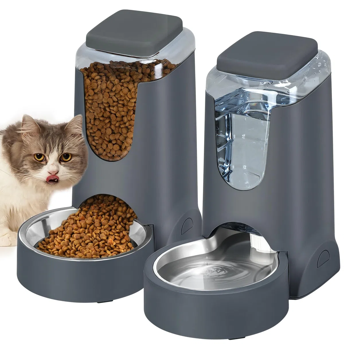 Comedero automático para gatos y perros y dispensador de agua con cuenco de acero inoxidable, alimentador de alimentos por gravedad y bebedero para mascotas pequeñas y medianas, cachorros, gatitos, 1
