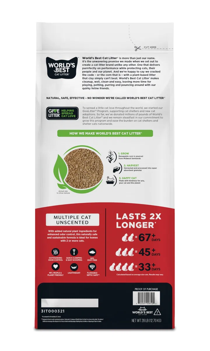 WORLD'S BEST CAT LITTER para Varios Gatos Sin Fragancia, 28 Libras – Ingredientes Naturales, aglomeración rápida, desechable por el Inodoro, 99% Libre de Polvo – Control de olores de Larga duración
