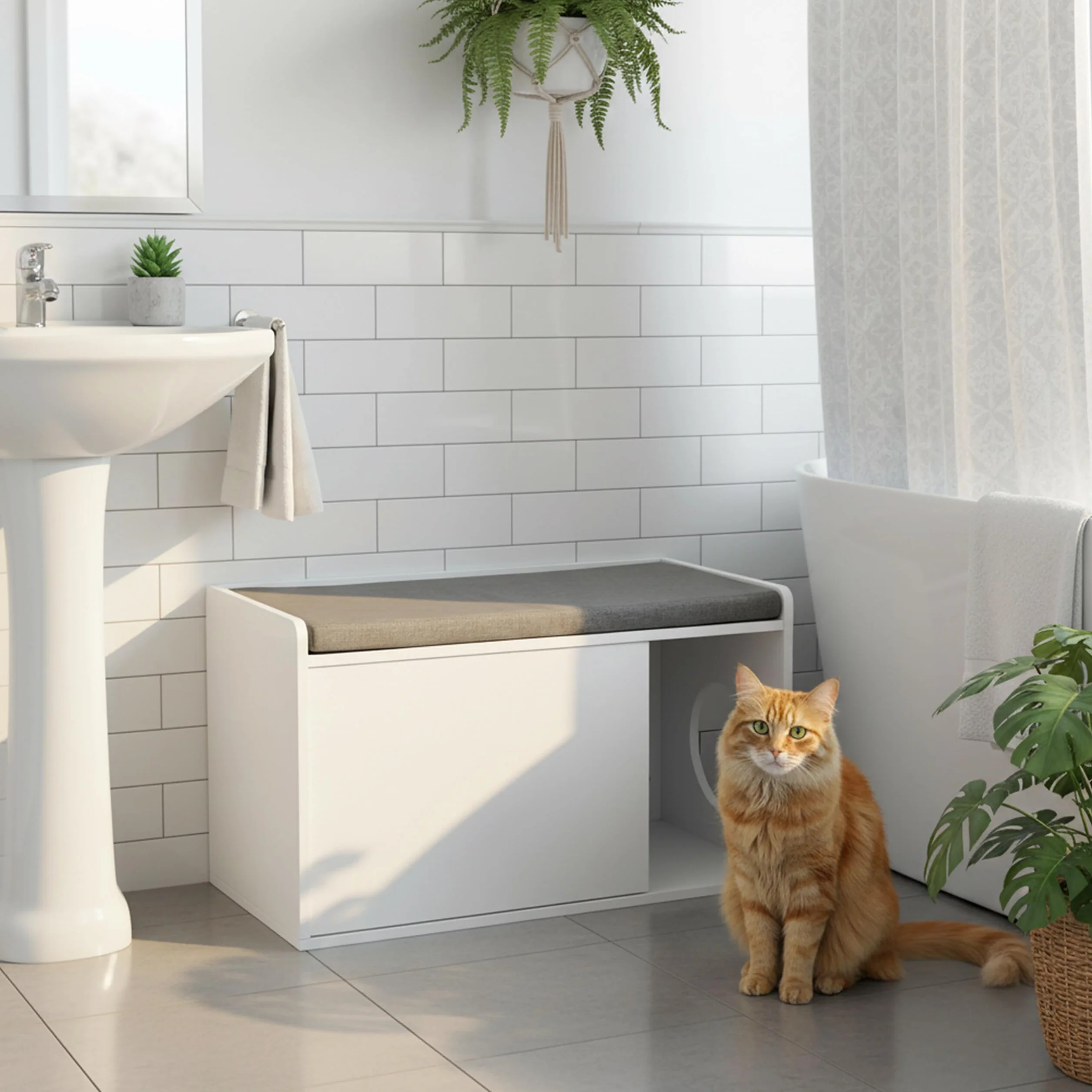 Relaxdays Mueble Arenero Gatos Asiento, 2 en 1, Cómoda Felinos con Banco, 45,5 x 75 x 43 cm, Baño Gatitos, Blanco y Gris