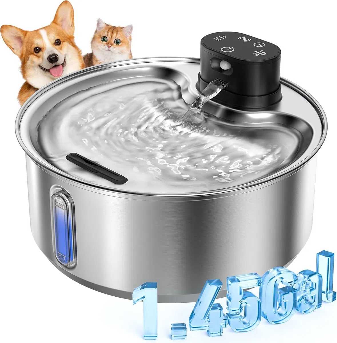 Fuente de agua de acero inoxidable para gatos, fuente inalámbrica para perros de 186 fl.oz/1.45 galones | Fuente inalámbrica para mascotas; batería de 5000 mAh; interior; modos de agua triples; 25 dB ultra silenciosa