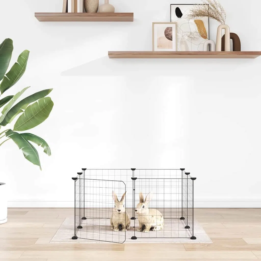 Jaula para mascotas de 8 paneles con puerta negra, acero recubierto de polvo, placas de 35 x 35 cm, 8 paneles, versátil como recinto para animales pequeños, caño y refugio para roedores