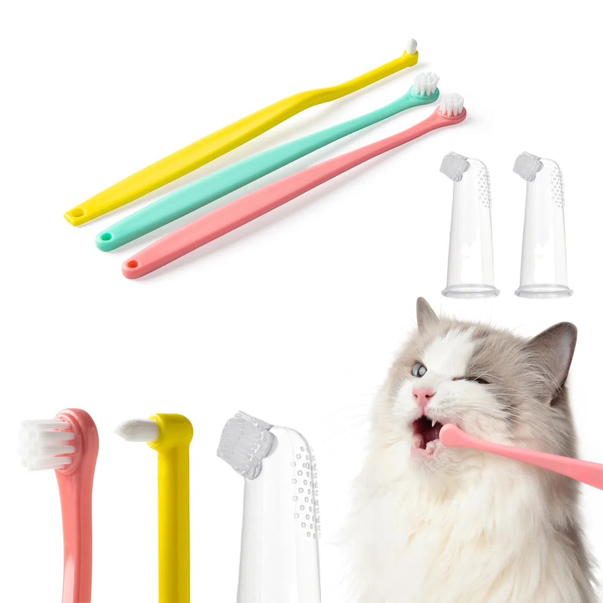 E.M&S.T by Emmeliestella - Kit de cepillo de dientes para perros y gatos pequeños, micro cabeza, cepillo de dientes para gatitos, cepillo de dedos, kit de iniciación, diseño redondo y puntiagudo,