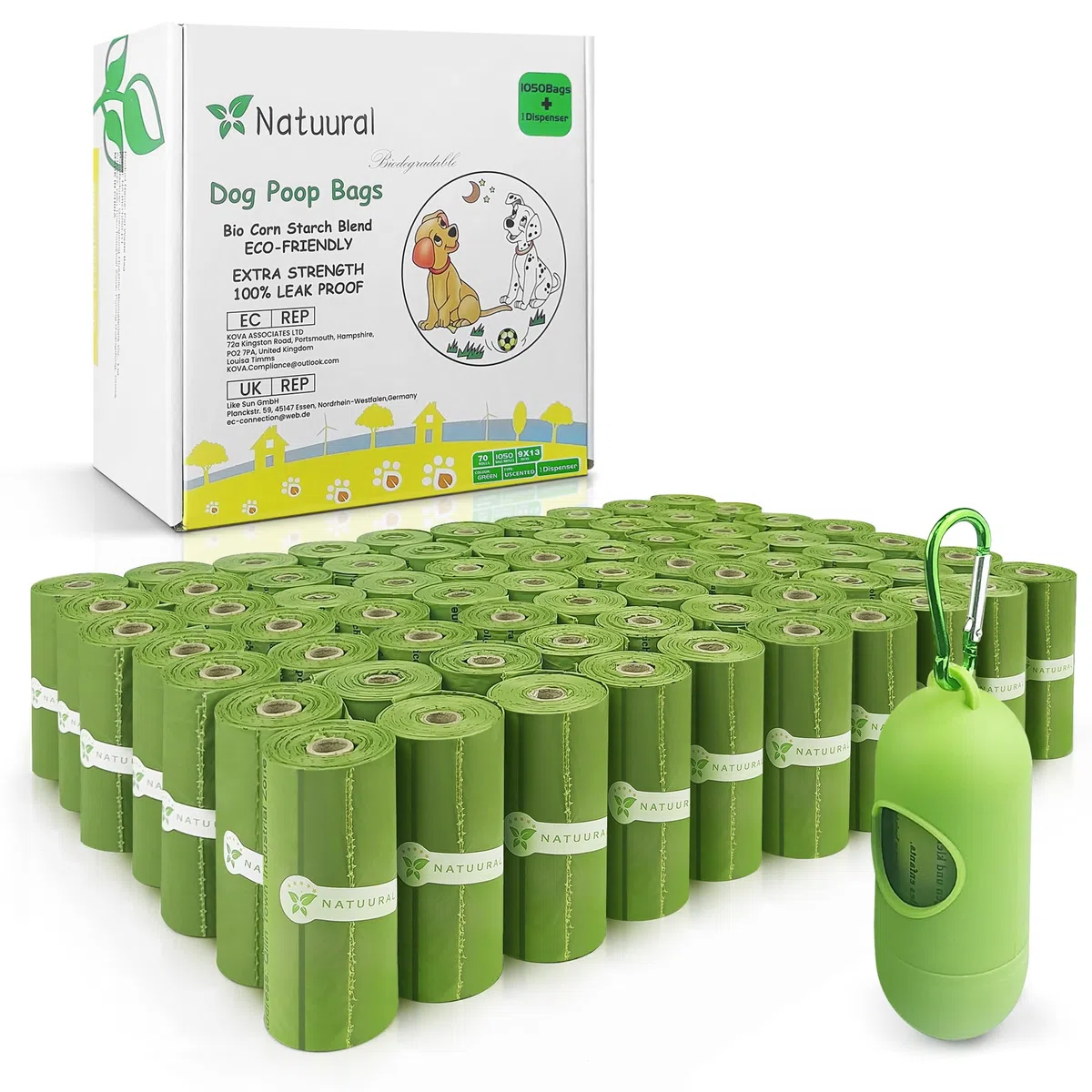 Bolsas biodegradables para excrementos, 1050 unidades, 70 rollos con dispensadores gratuitos, bolsas para excrementos de perros hechas de almidón de maíz, fuertes y 100% a prueba de fugas (verde)