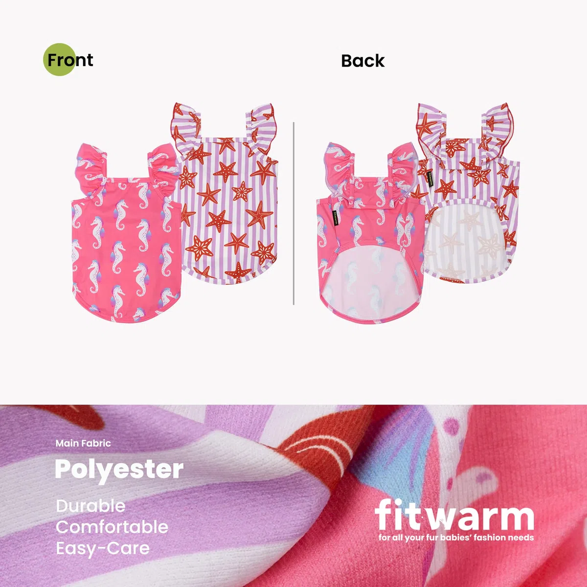 Fitwarm Paquete de 2 camisas de perro con volantes de caballito de mar y estrella de mar, ropa tropical de verano para perros pequeños, camiseta hawaiana para mascotas, rosa, morado, XXL