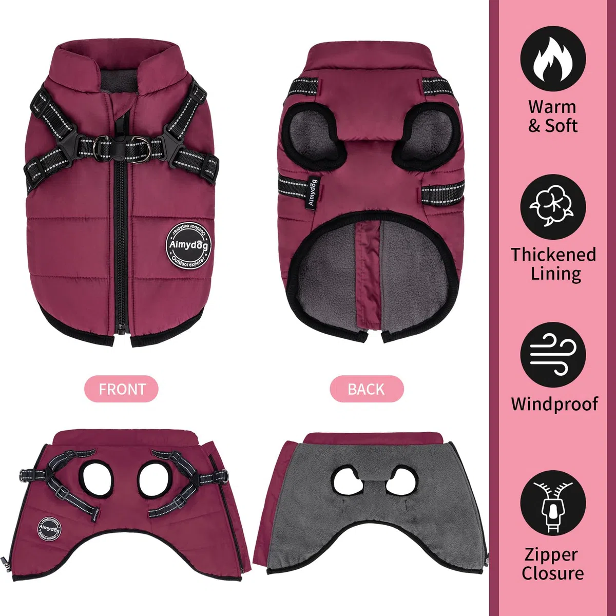 Abrigo de invierno para perro, chaqueta cálida para perro, chaleco reflectante ajustable de forro polar con arnés integrado, chaqueta de nieve para mascotas resistente al viento, traje de