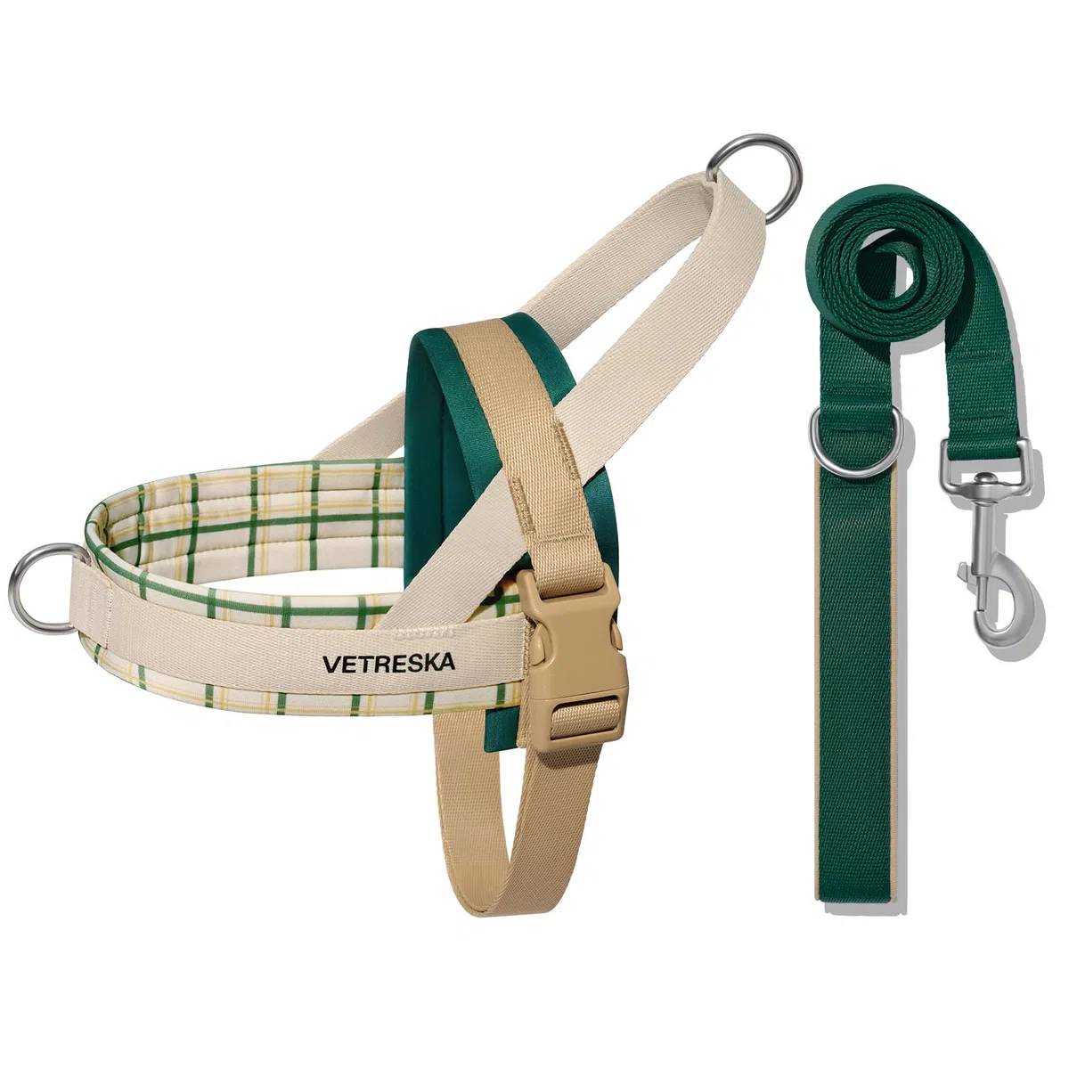 VETRESKA Easy Walk - Juego de arnés y correa para perro, arnés para perros pequeños y medianos, arnés para cachorros sin tirones para pasear y entrenar, ajustable, correa antitorsión (Santal Forest