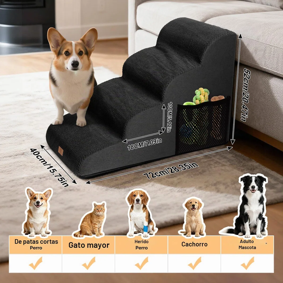 Escalera para perros pequeños, 4 peldaños, 72 x 40 x 52 cm, color negro