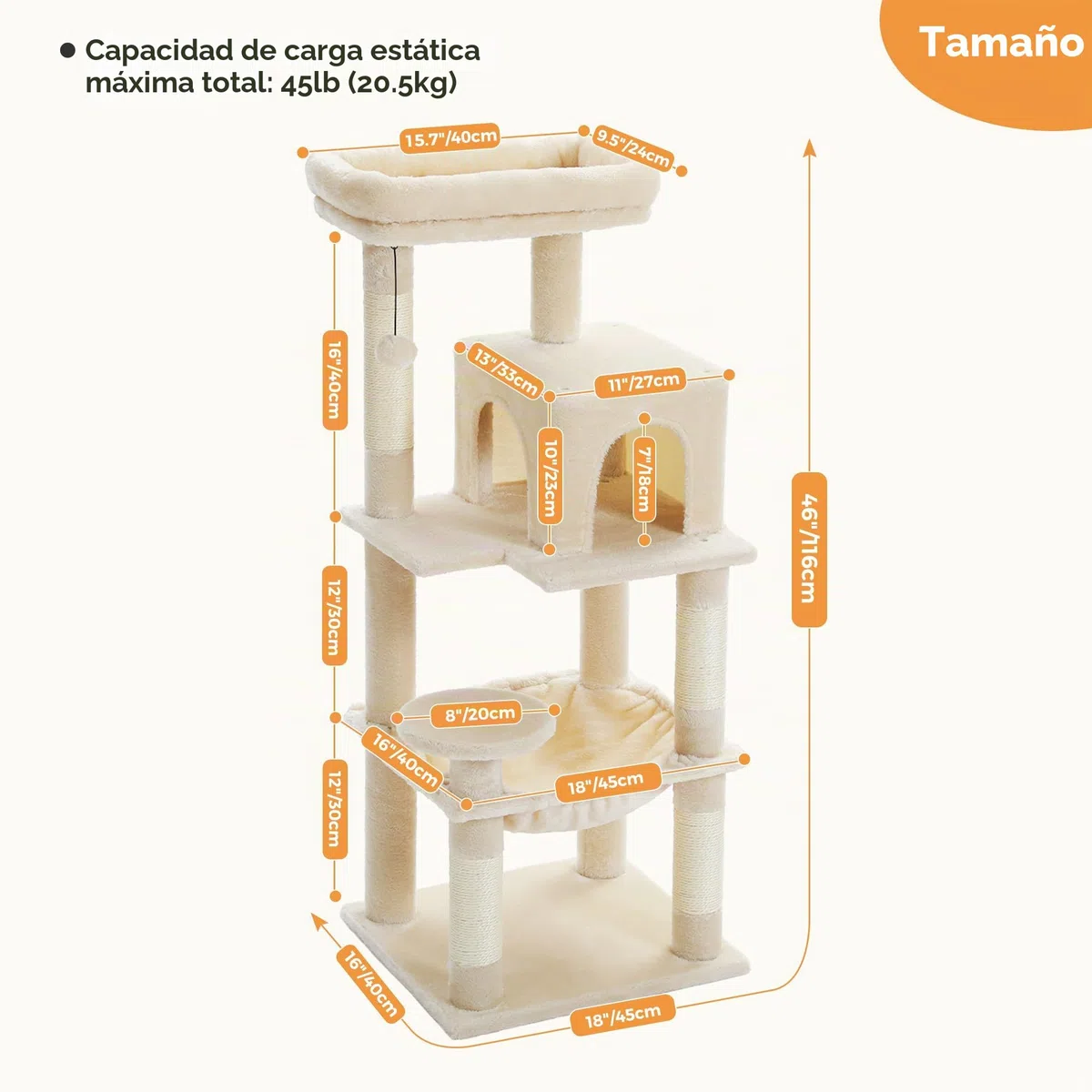PAWZ Road Árbol para Gatos Con Hamaca de Felpa de Metal, Torre Con Casa Condo de 2 Puertas, Estantes de 6 Niveles Con Poste Rascador, Gran Barra Superior Beige 116 cm