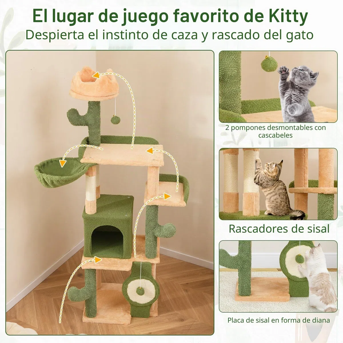 COSTWAY Rascador de Cactus, 160 cm, árbol para Gatos con Cueva para Gatos, Plataformas, Poste de sisal, Cesta, Tabla para rascar y Juguetes, Muebles para Gatos, Muebles para Gatos, árbol de Madera
