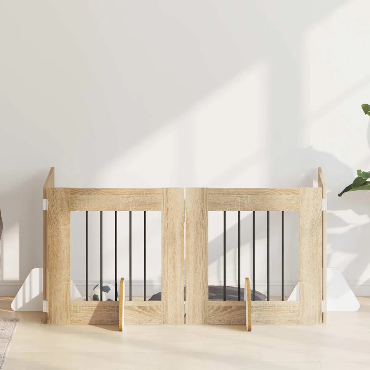 Portería para perros con soporte de madera de roble Sonoma, 241 x 60 cm, plegable, 4 piezas, interior para perros, cachorros, seguridad, protección