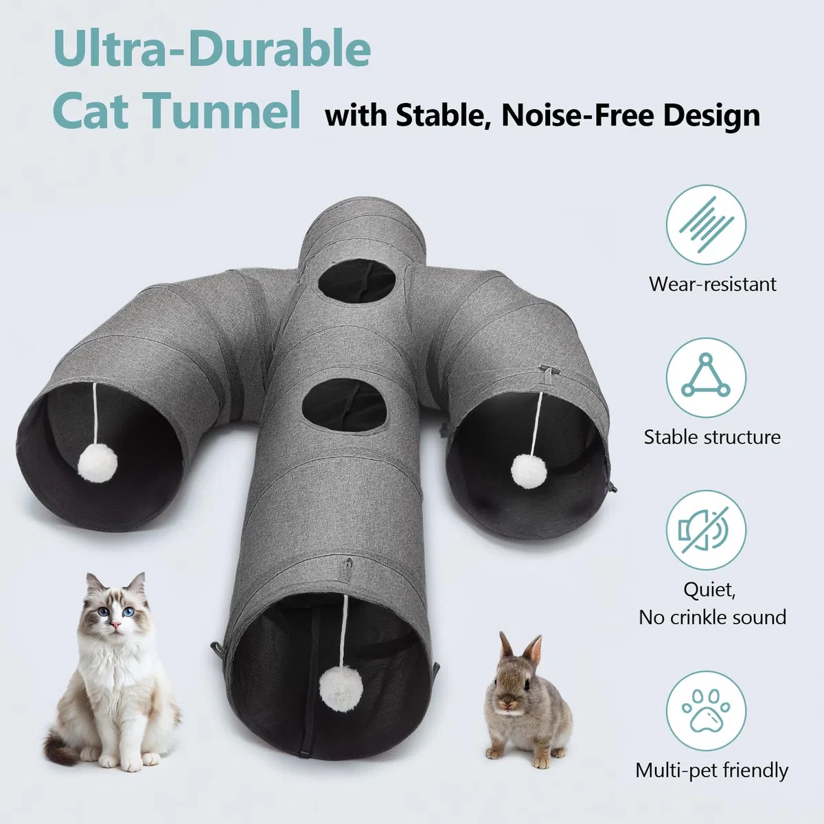 Ownpets Túnel para gatos, túnel para mascotas con forma de cactus más grande con tela Oxford resistente, plegable y resistente a desgarros, con múltiples salidas, bola colgante y varita teaser, gris,