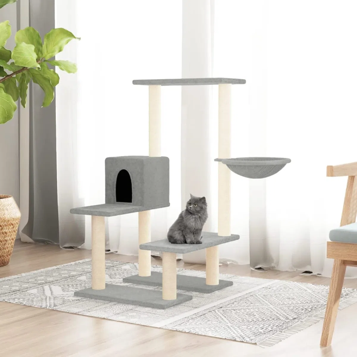 LAPOOH Rascador para Gatos con Postes de sisal, Rascador Gato, Arbol Rascador para Gatos, Gatos Accesorios, Torre Gatos, Arranhador para Gatos, Casa para Gatos, Gris Claro 94,5 cm