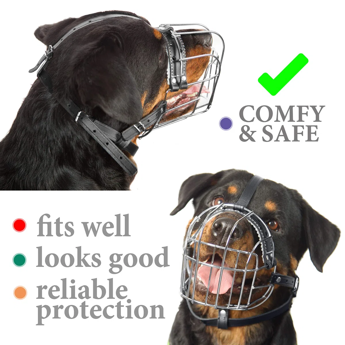 Bozales de Metal para Perro Rottweiler (№2) - Cesta de Alambre Correas de Cuero Ajustables de Cuero - La Circunferencia del hocico es de 26-36,8 cm de Longitud es de 6,8-8,9 cm