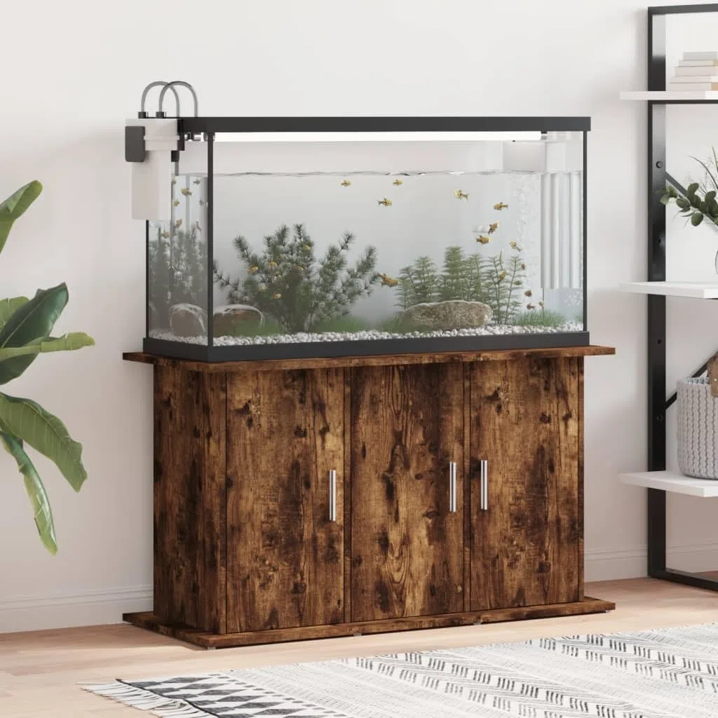Soporte para acuario, armario bajo de madera en roble ahumado, 101 x 41 x 58 cm, estantería con 6 compartimentos y puertas, armario estable para acuario, terrario y almacenamiento