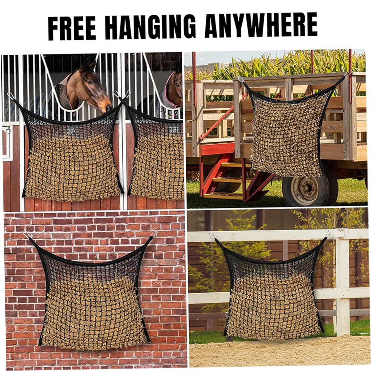 Suministros de riego para alimentación, 4 bolsas de heno para caballos, red de heno de alimentación lenta con 4 mosquetones reforzados, comedero para caballos para cabras, 35, 43 x 31, 50 pulgadas