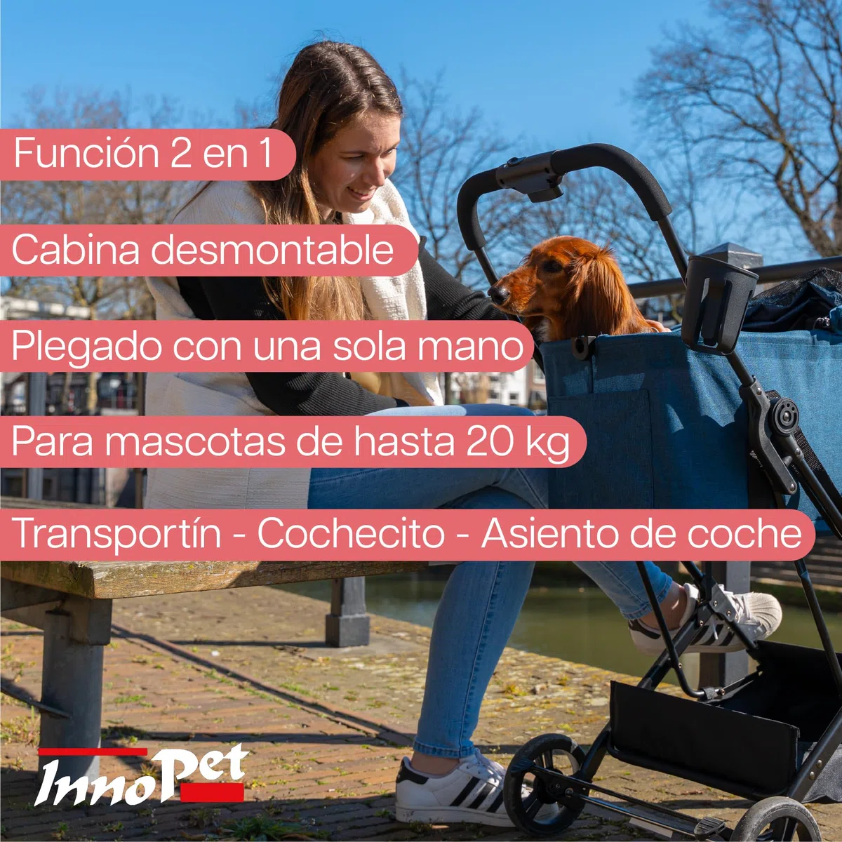 Innopet 2 en 1 carrito compacto - Cochecito plegable con transportín desmontable y asiento de coche, para perros y gatos hasta 20kg, con cesta y portavasos