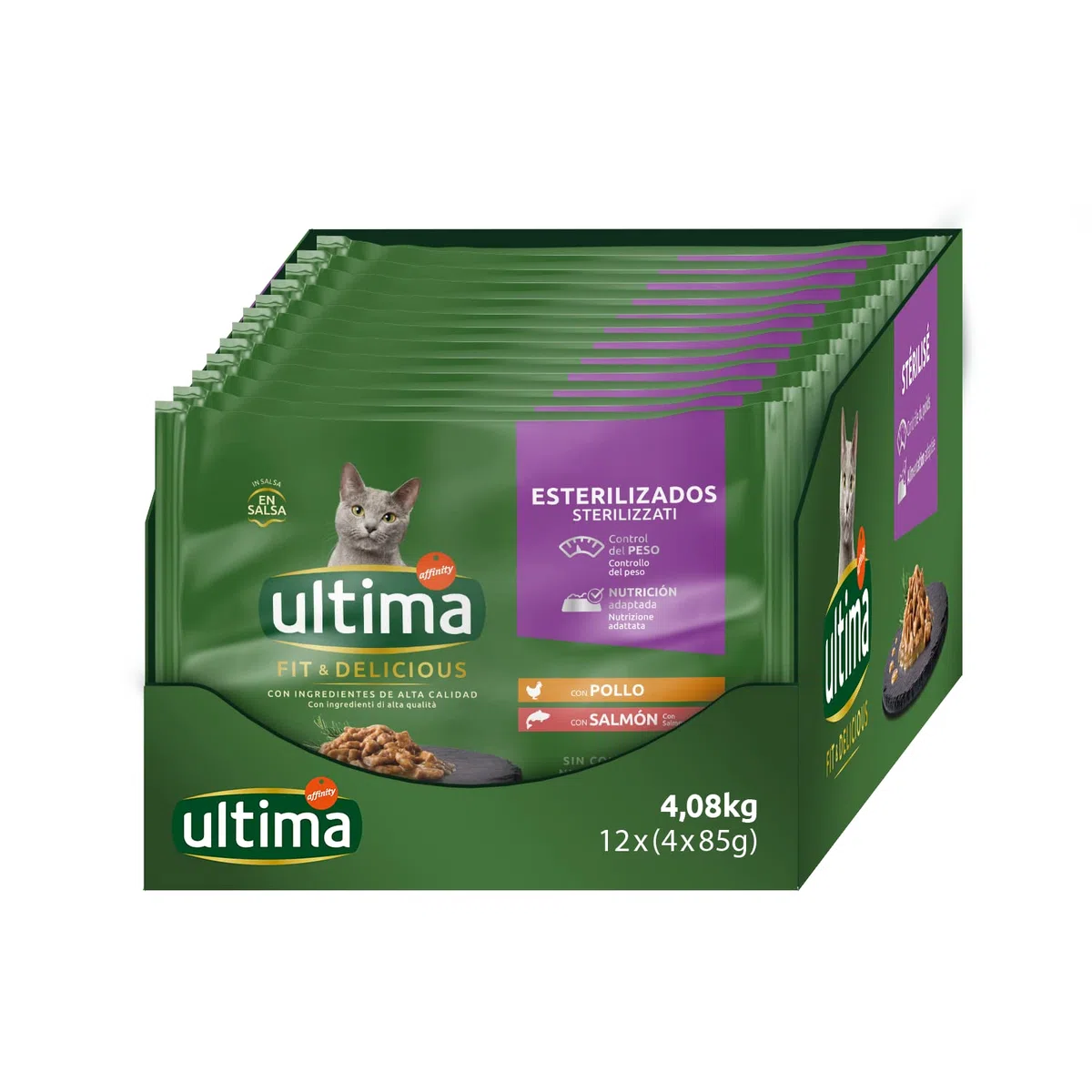 Ultima Comida Húmeda para Gatos con Pollo y Salmón, 4 x 85 gr x 12 (4.08 kg) & Comida Húmeda para Gatos con Buey y Atún, 12 x (4 x 85 gr), 4080g