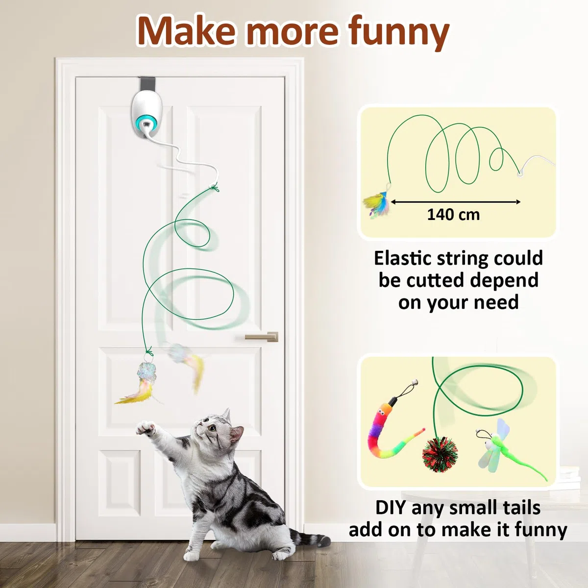 Juguete para gatos con plumas y bolas arrugadas de Mylar para gatos de interior, juguetes de cuerda retráctiles para colgar en la puerta, juguete electrónico para gatos