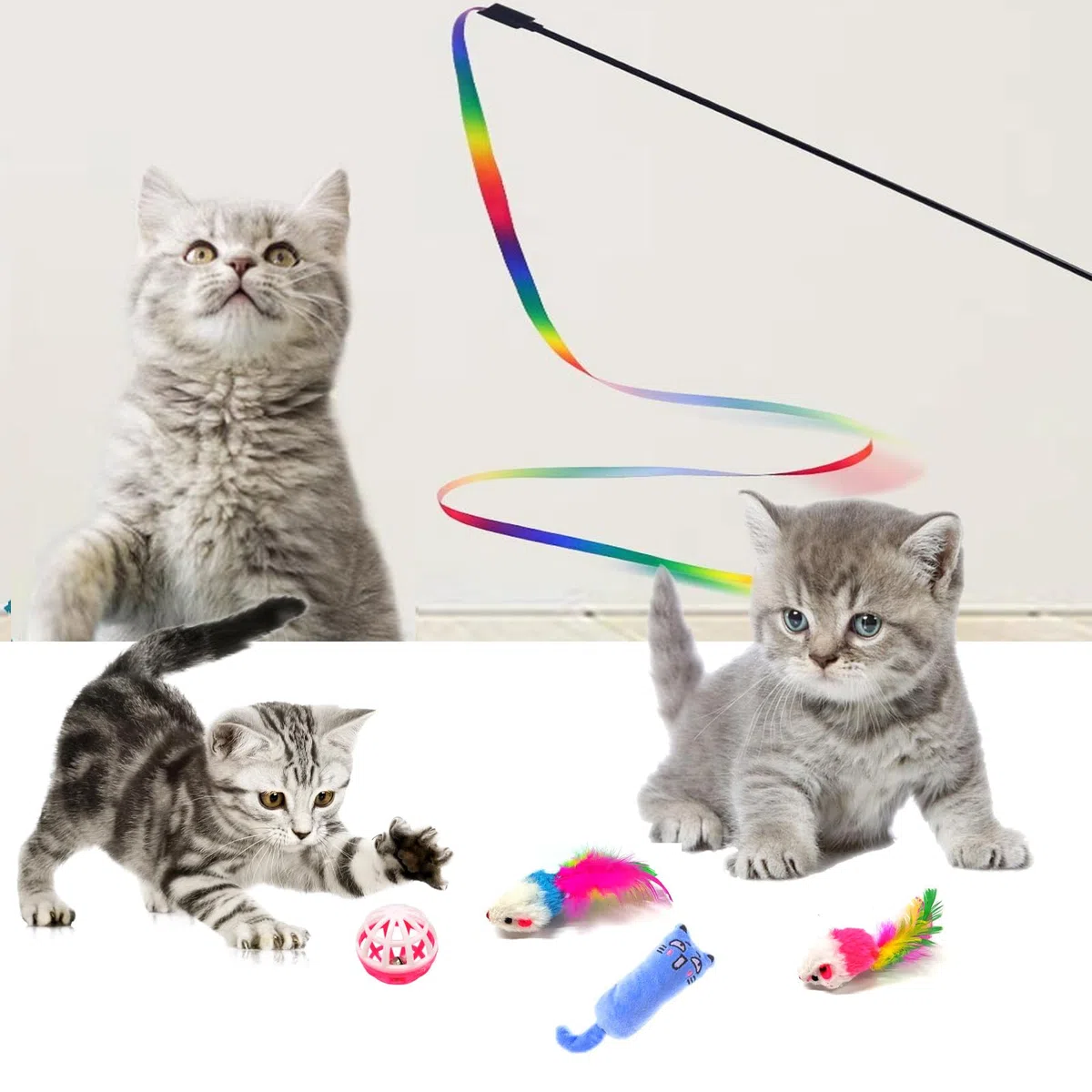 Kit de iniciación para gatitos, juego de 15 piezas esenciales para gatos, incluye caja de arena para gatos, juguetes para gatos, collares para gatos, almohadilla para rascar gatos, lima de