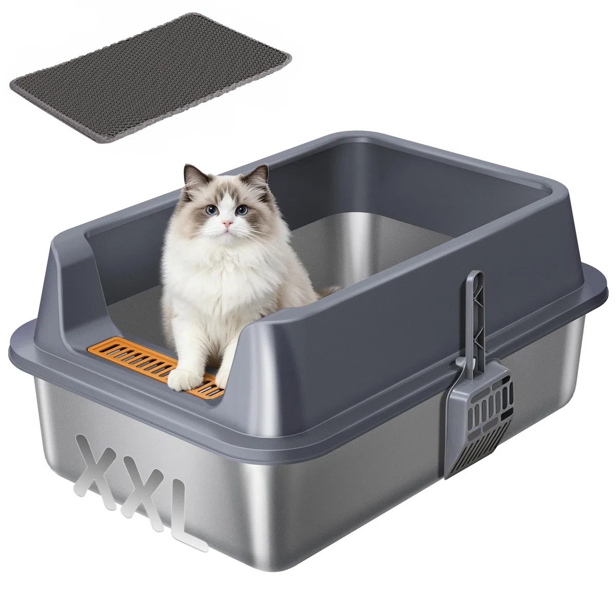 Hzuaneri Arenero de Acero Inoxidable XXL, Arenero para Gatos Grandes 30L 60x40x26 cm, Caja de Arena con Bordes Altos Semicerrado, Antiadherente, con Pala y Alfombrilla, Gris Oscuro LB89799G