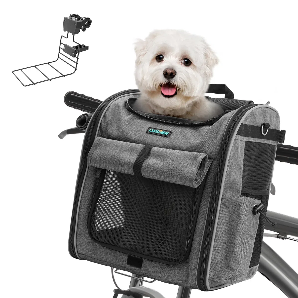 BSWAY Daistern - Cesta para perros para bicicleta delantera de hasta 10 kg, plegable 4 en 1 con soporte en L de 55 mm de diámetro, ventana de malla transpirable, bandas reflectantes, cojín para perros