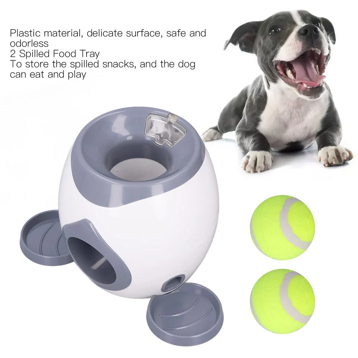 FOUF Lanzador Automático de Pelotas, Lanzador Interactivo para Perros, Máquina de Lanzamiento de Pelotas de Tenis con 2 Bandejas de Comida para Perros Pequeños a Grandes, 2 Pelotas Incluidas