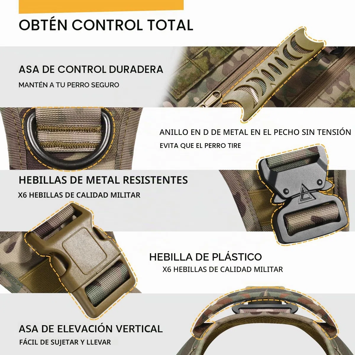 Arnés táctico para perros medianos y grandes, sin tirones, ajustable, para pasear, arnés militar con asa, chaleco para perro con paneles Molle (camuflaje (con 2 paquetes de accesorios), XL)