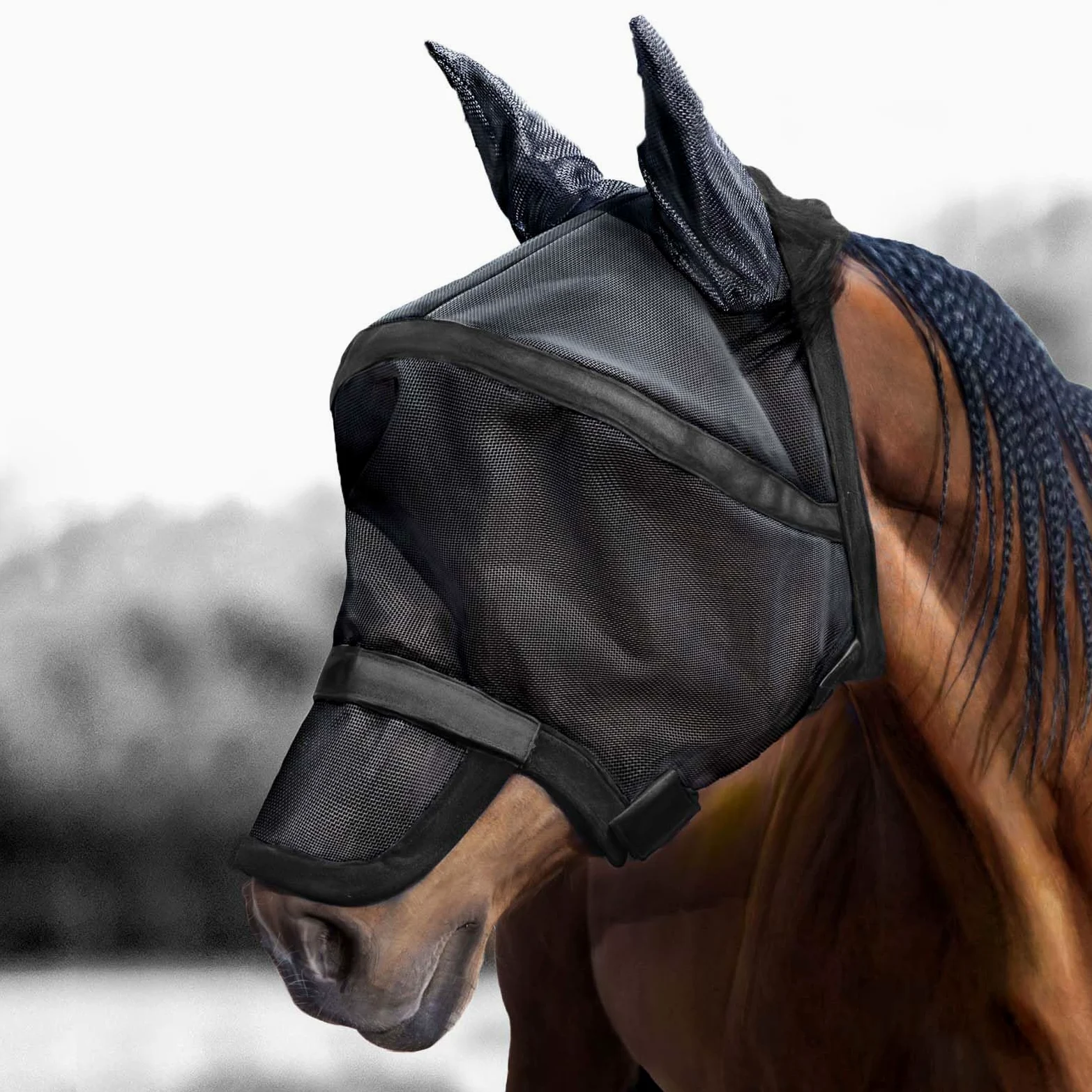 Harrison Howard Maskology Supreme - Máscara de Mosca de Caballo con protección UV Estelar con Cubierta de Nariz Desmontable, máscara 2 en 1, Color Negro, tamaño Completo