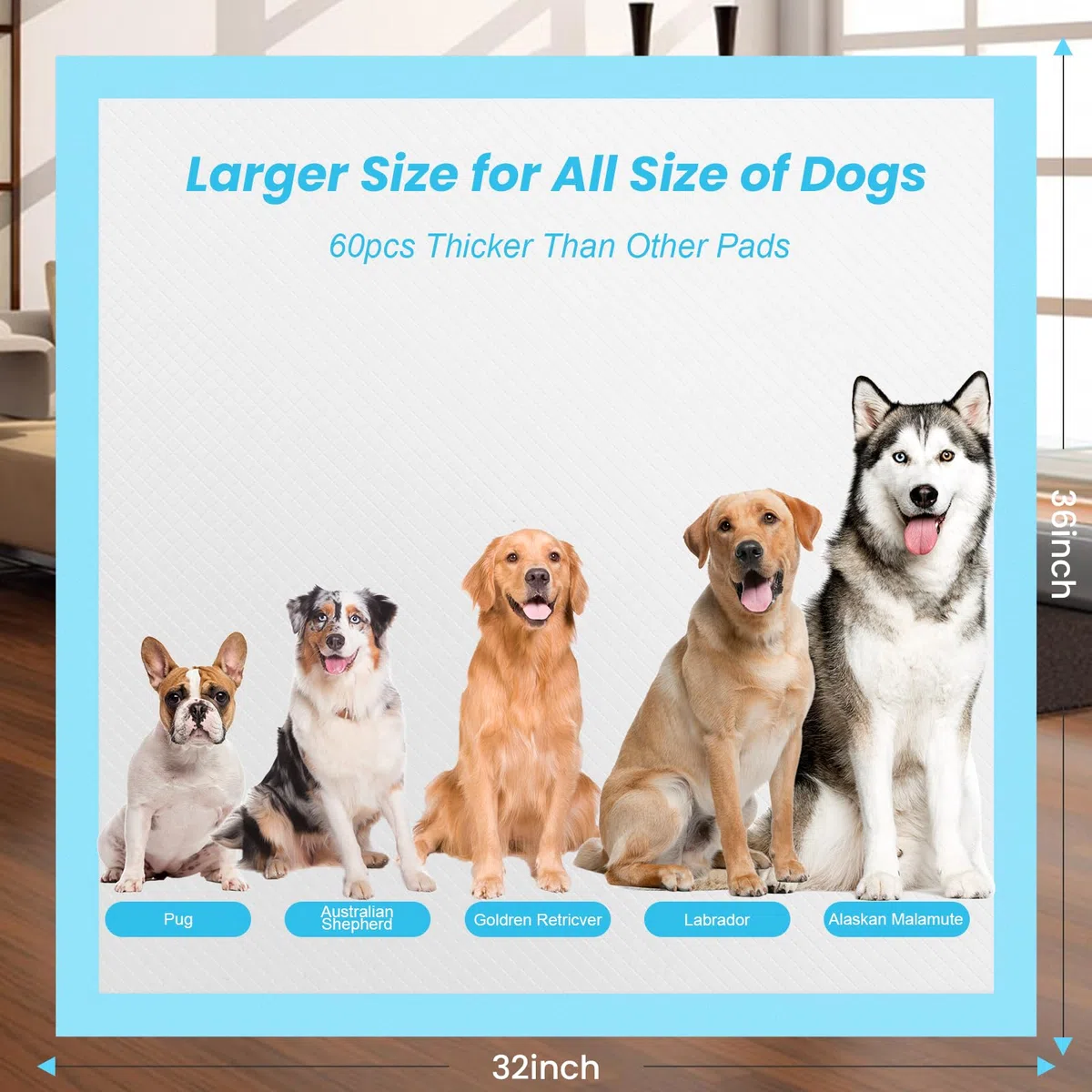 Almohadillas para orina de cachorros para perros, 32 x 36 pulgadas, extragrandes, 60 unidades, a prueba de fugas y súper absorbentes, almohadillas desechables gruesas para entrenamiento de cachorros y