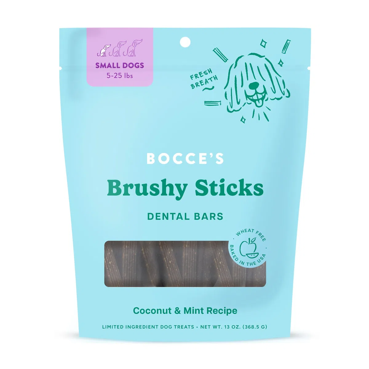 Bocce’s Bakery Dailies Brushy Sticks to Support Oral Health & Fresh Breath, Wheat-Free Dental Bars for Dogs, Made with Real Ingredients, Baked in the USA, All-Natural Coconut & Mint Recipe, Small Dogs