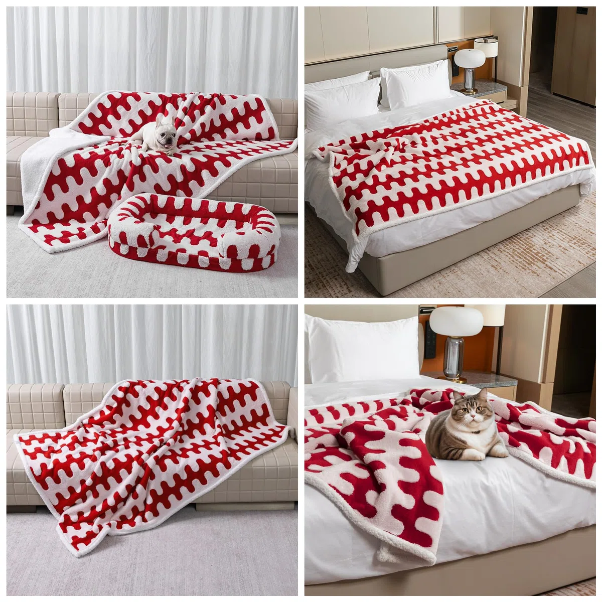 Manta impermeable para mascotas, color rojo, elegante, de forro polar Sharpa, para perro, para cama, sofá, protección de muebles, fundas lavables y reversibles (onda roja, L)