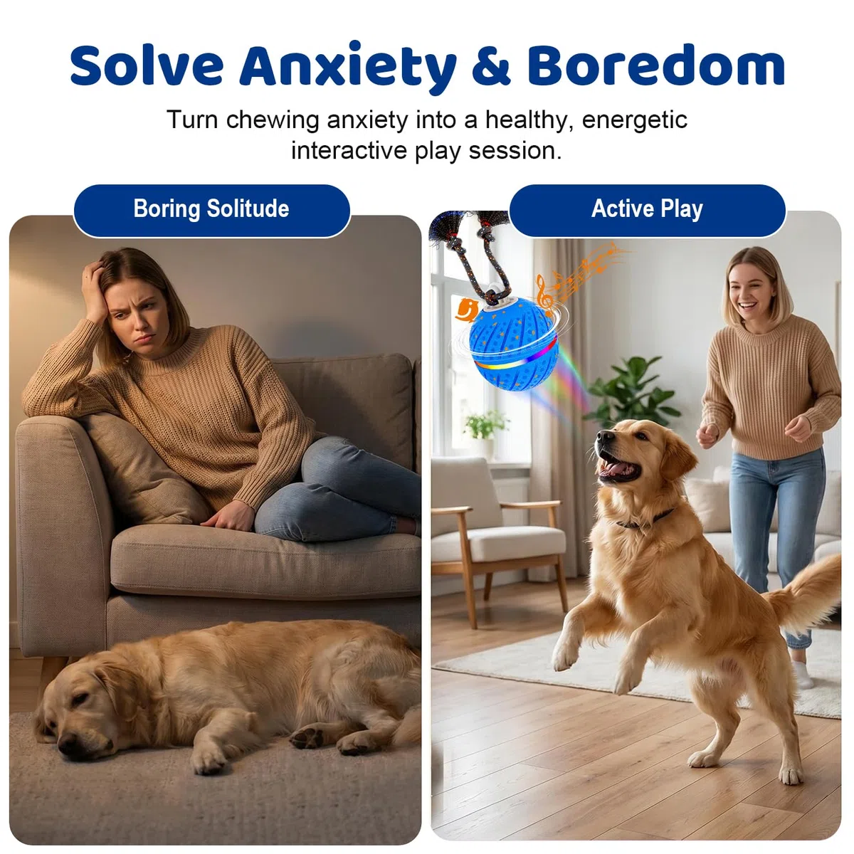 Pelota interactiva para perros para aburrimiento, 2 modos de movimiento automático, juguetes para perros para masticadores agresivos, juguetes inteligentes de enriquecimiento para cachorros con cuerda