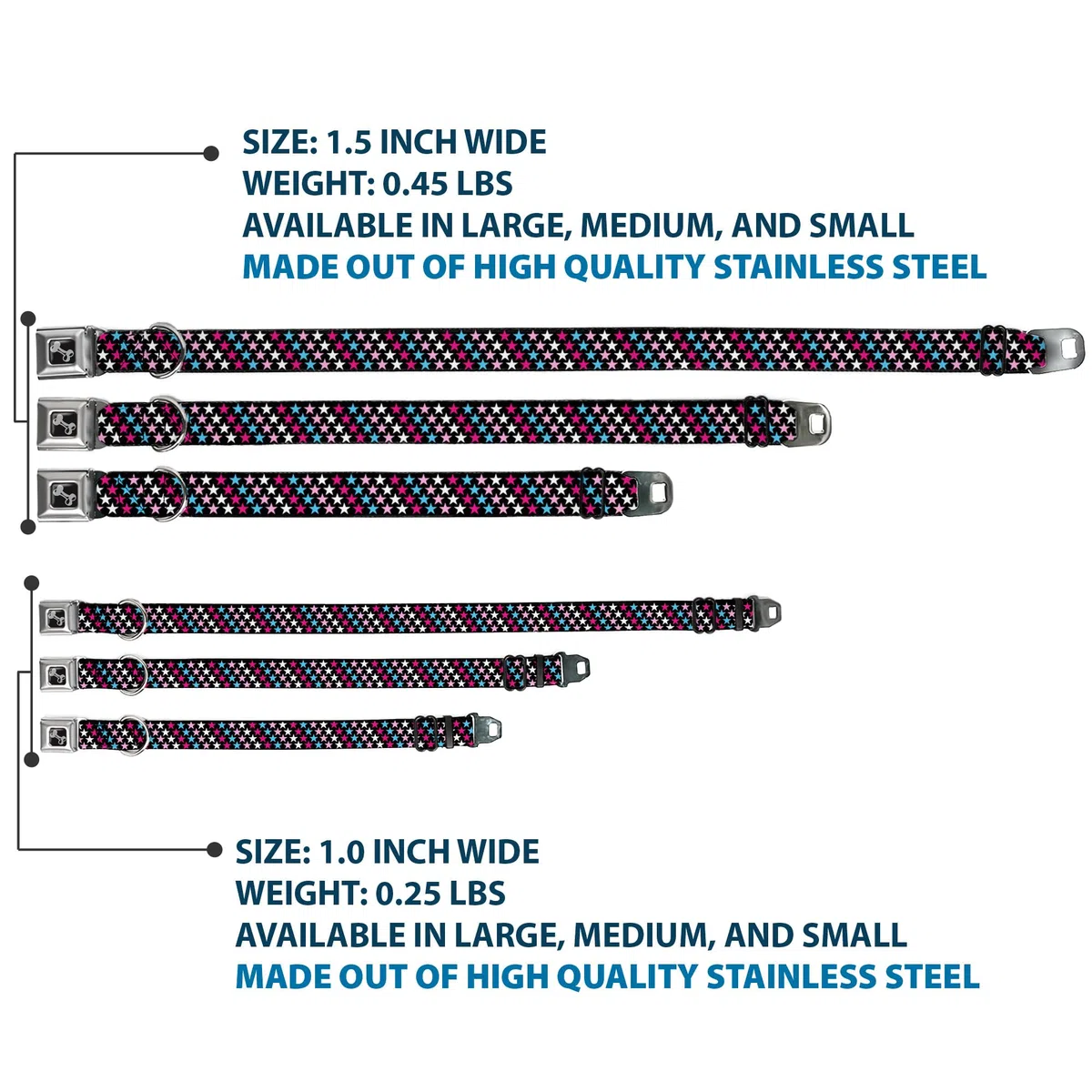 Buckle-Down DC-W31312-WS - Cinturón de Seguridad para Perro, tamaño pequeño, diseño de Estrellas, Color Negro, Rosa, Azul y Blanco