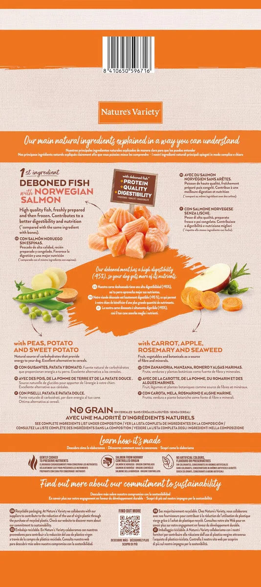 Nature's Variety No Grain - Pienso para Perros Medium & Maxi Junior con Salmón sin espinas - 12kg