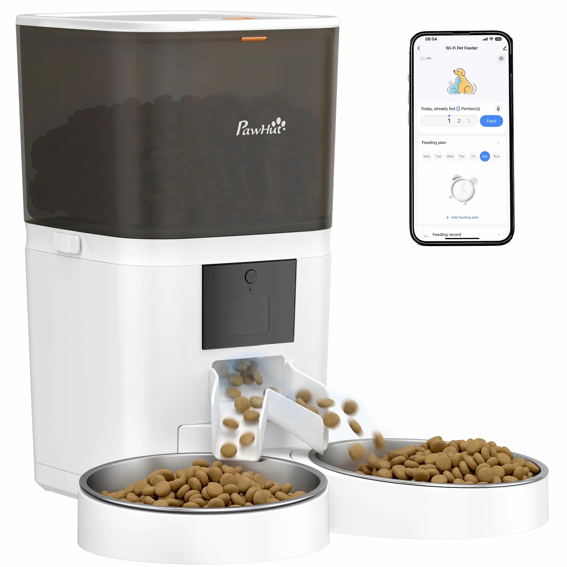 PawHut Comedero Automático 6L WiFi 2.4G Control App para Gatos y Perros | Dispensador de Comida, 2 Cuencos, 1-10 Comidas al Día, Grabadora Voz 10s, 2 Fuentes de Alimentación, Fácil de Limpiar