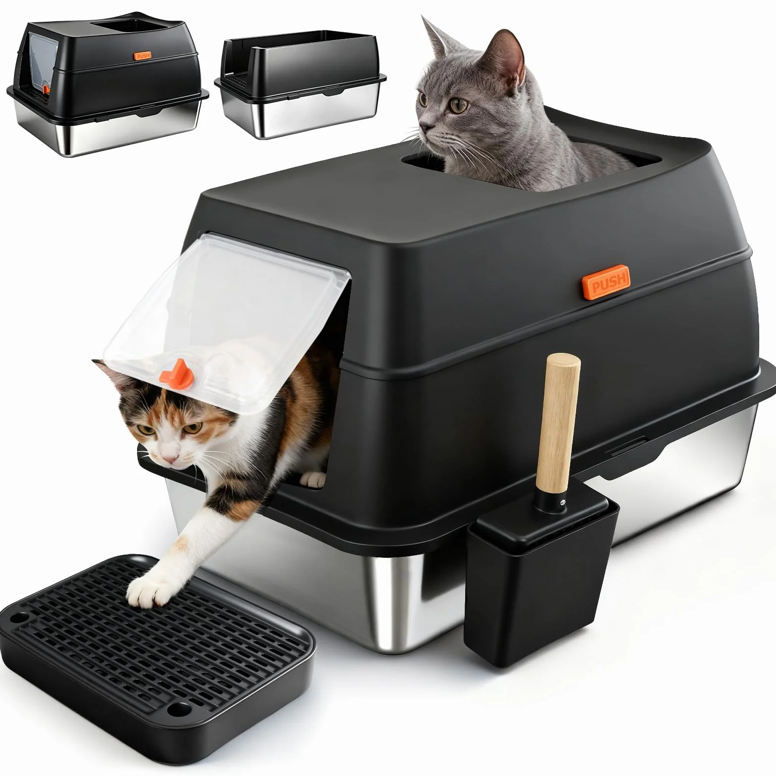 Arenero para Gatos de Acero Inoxidable, XL Caja de Arena Gato Cerrada con Tapa, Doble Entrada y Alfombrilla Antiderrames, Bandeja Antifugas para Gato Grande y Multiuso Cat Litter Box