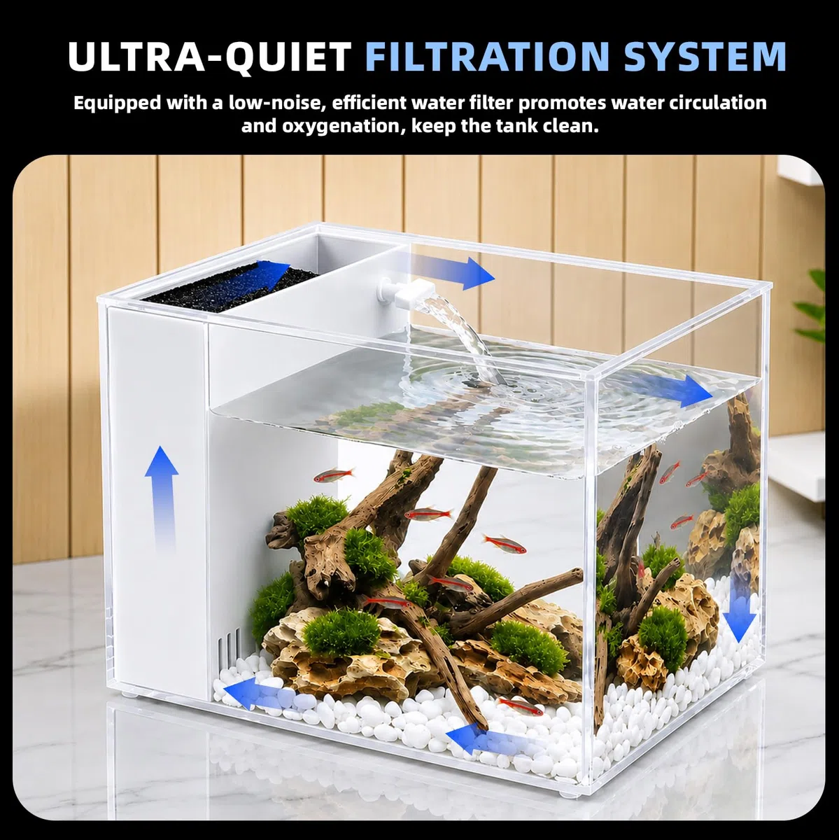 Acuario pequeño de 0.5 galones con bomba de filtro de agua y luz LED, color blanco