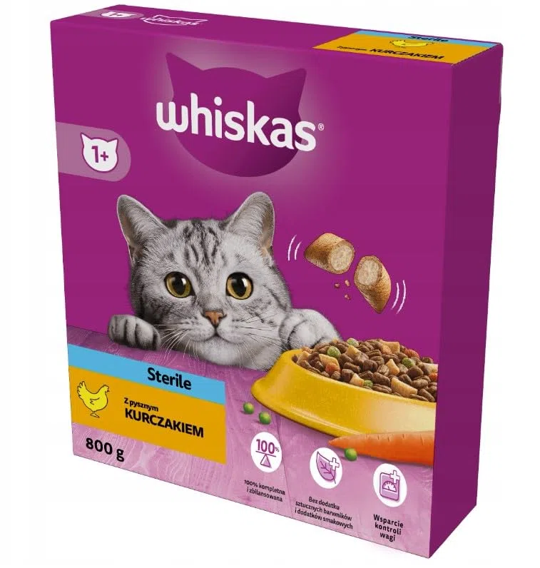 Whiskas Alimento seco estéril para adultos 1+ con pollo en caja, 4 x 800 g (4 paquetes) - Alimento seco para gatos esterilizados para adultos o gatos castrados