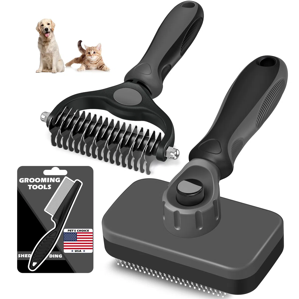 Augwind 3 cepillos para perros, cepillo para perros para desprendimiento, cepillo para perros, peine para perros, suministros premium para mascotas (gris negro)