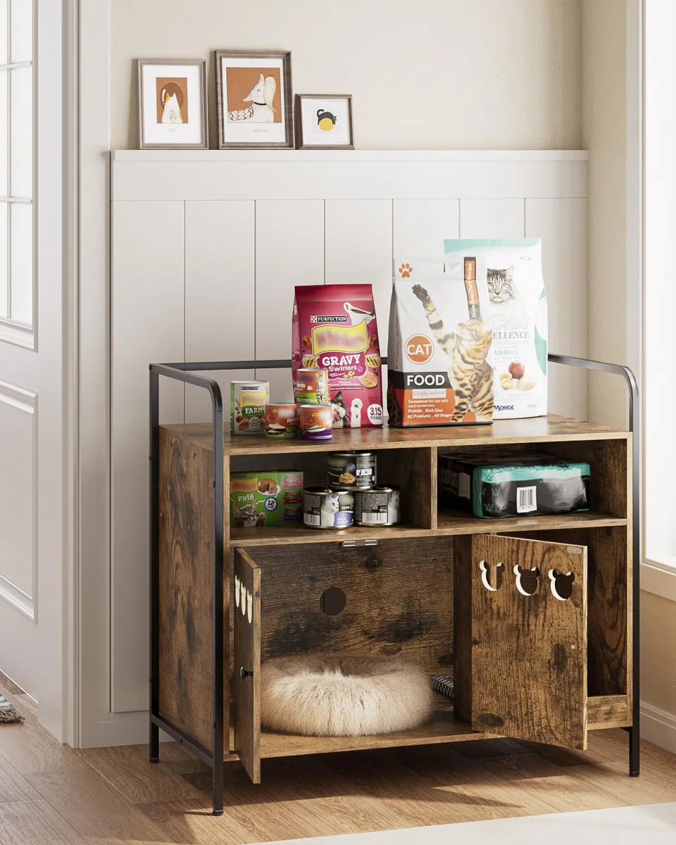 Caja de Arena para Gatos, casa para Interiores, Moderna Caja de Basura de Medio Century, Muebles Ocultos con Alfombrilla para rascar