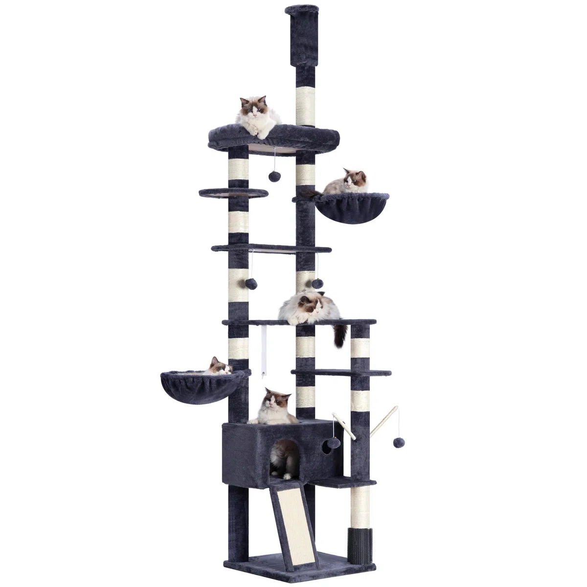 Hey-brother Rascador para Gatos XXL, Altura Ajustable, 250 cm - 280 cm, hasta el Techo, Torre para Gatos Grandes, con Cueva, Color Gris Ahumado 0MPJ091G