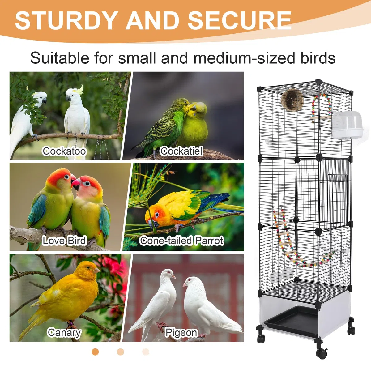 MSFE Jaula de Aves Grande, 130x37x37cm Jaula para Loros con ruedas, Jaula para Pájaros Voladera Interior con columpio, percha, para periquito, calopsitte, conure, pinzón, canario