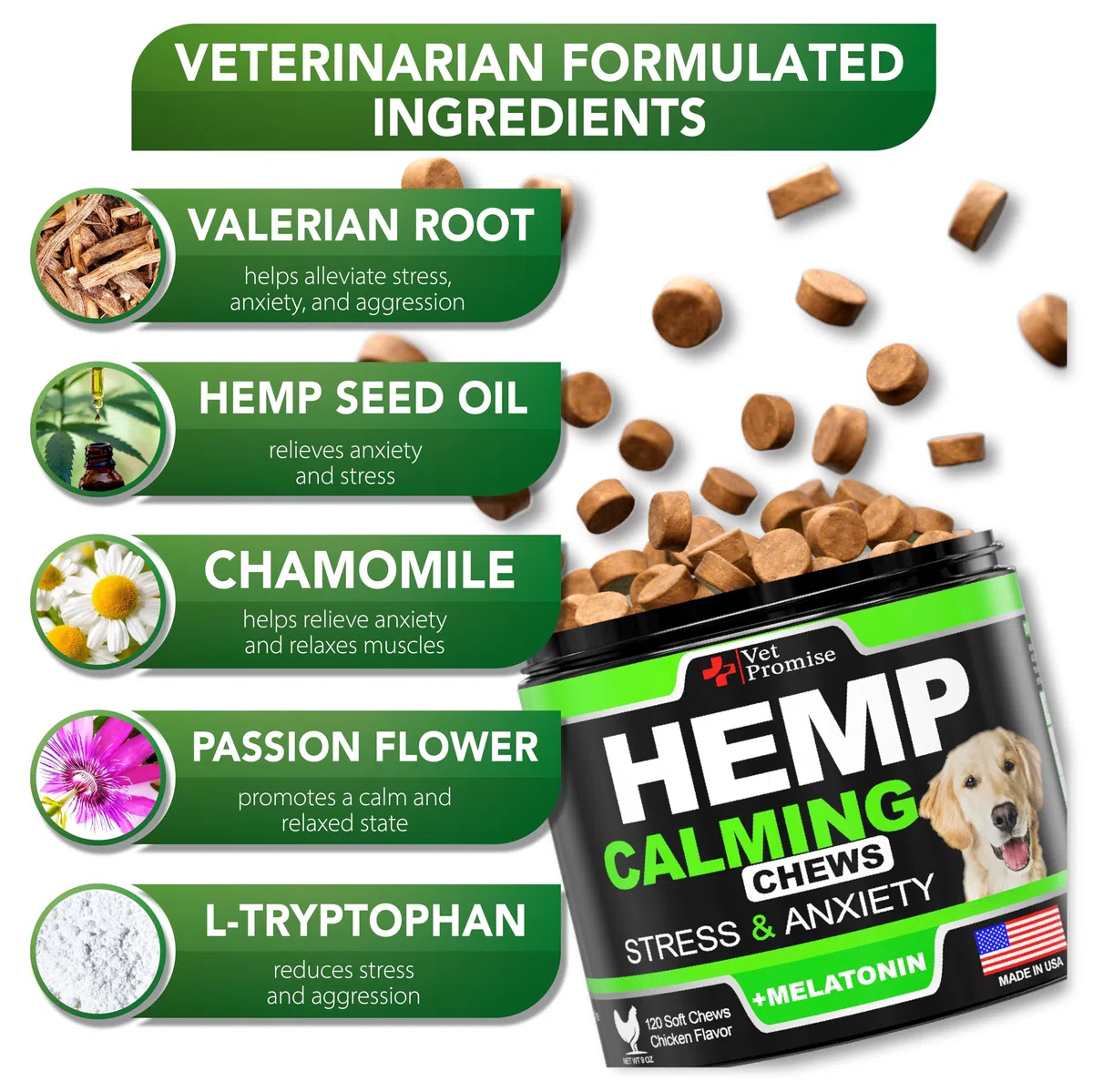 Masticables calmantes de cáñamo para perros con ansiedad y estrés, golosinas calmantes para perros, alivio de la ansiedad del perro, separación, viajes, ladridos, melatonina para perros, aceite de