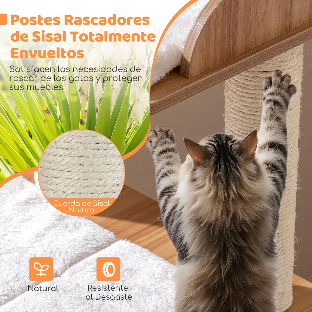 COSTWAY Árbol Rascador para Gatos de Madera, 122 cm de Altura, Torre para Gatos con Condo de 2 Pisos, Postes de Sisal, 3 Plataformas Anchos con Cojines Desmontables, Mueble Auxiliar Moderno Gatitos