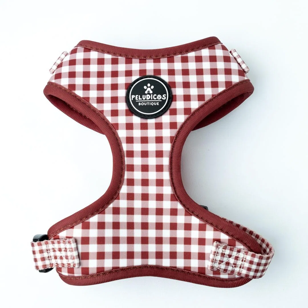 Pack Arnés,Correa y Portabolsas Granate para Perro Ajustables de Neopreno – Diseño Vichy, Cómodos y Resistentes – 5 Tallas