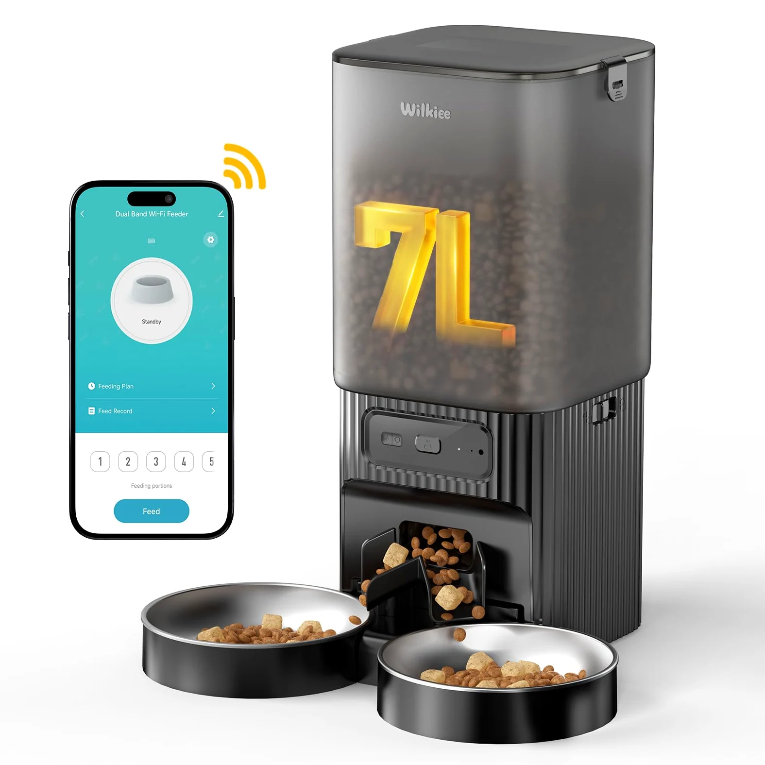 Comedero automático, 2 Cuencos, 7L, App, con Temporizador Wi-Fi 2.4G y 5G