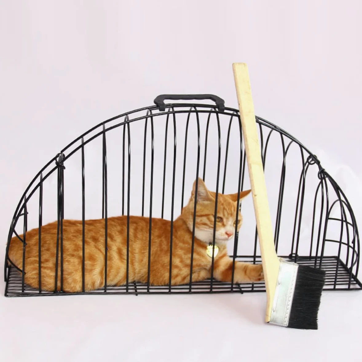 Jaula de Baño para Gatos con Cepillo, Secado, Metal Negro