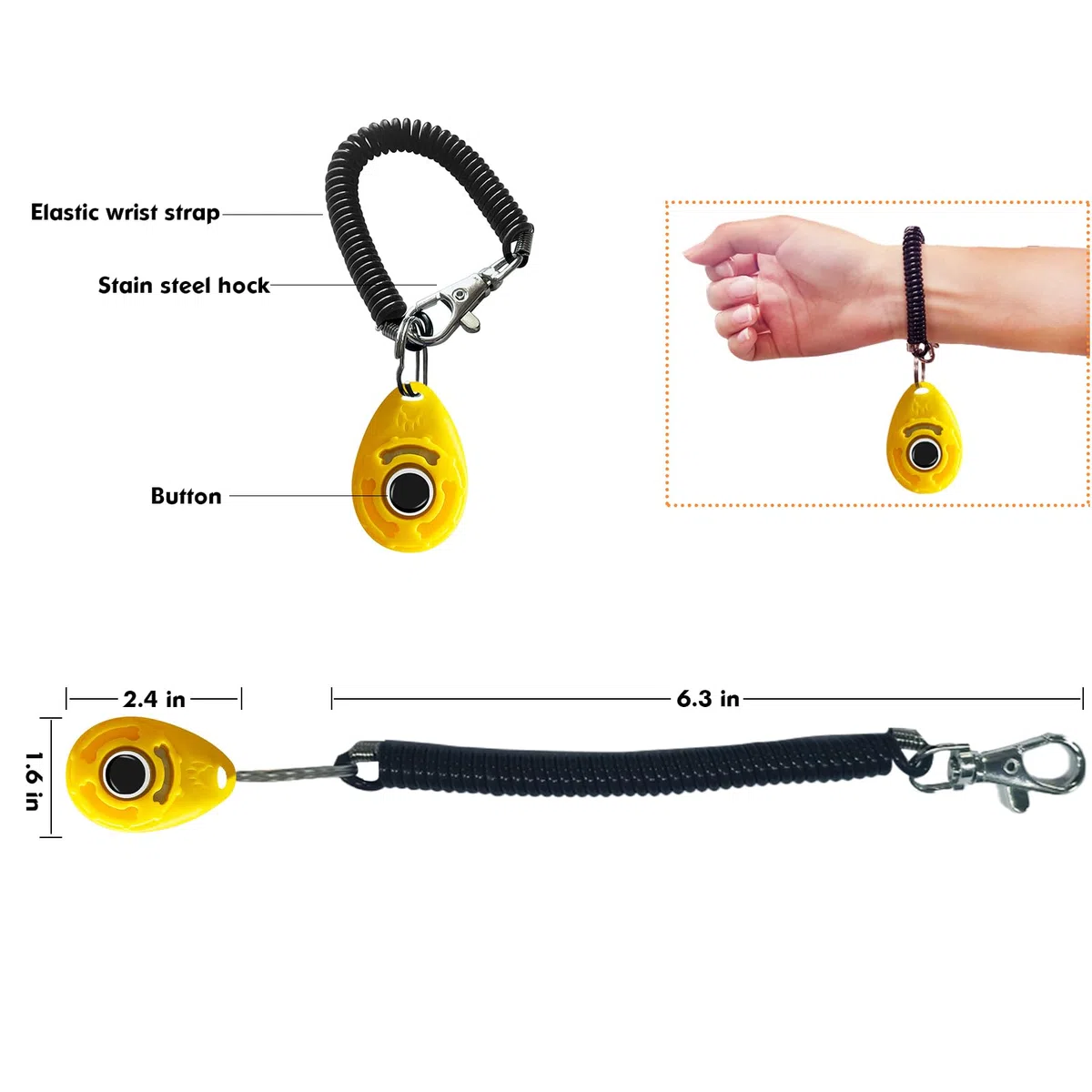 BONSO Clicker de entrenamiento para perros con correa de muñeca ajustable, refuerzo positivo para entrenamiento de mascotas, para perros, gatos y cachorros (amarillo)