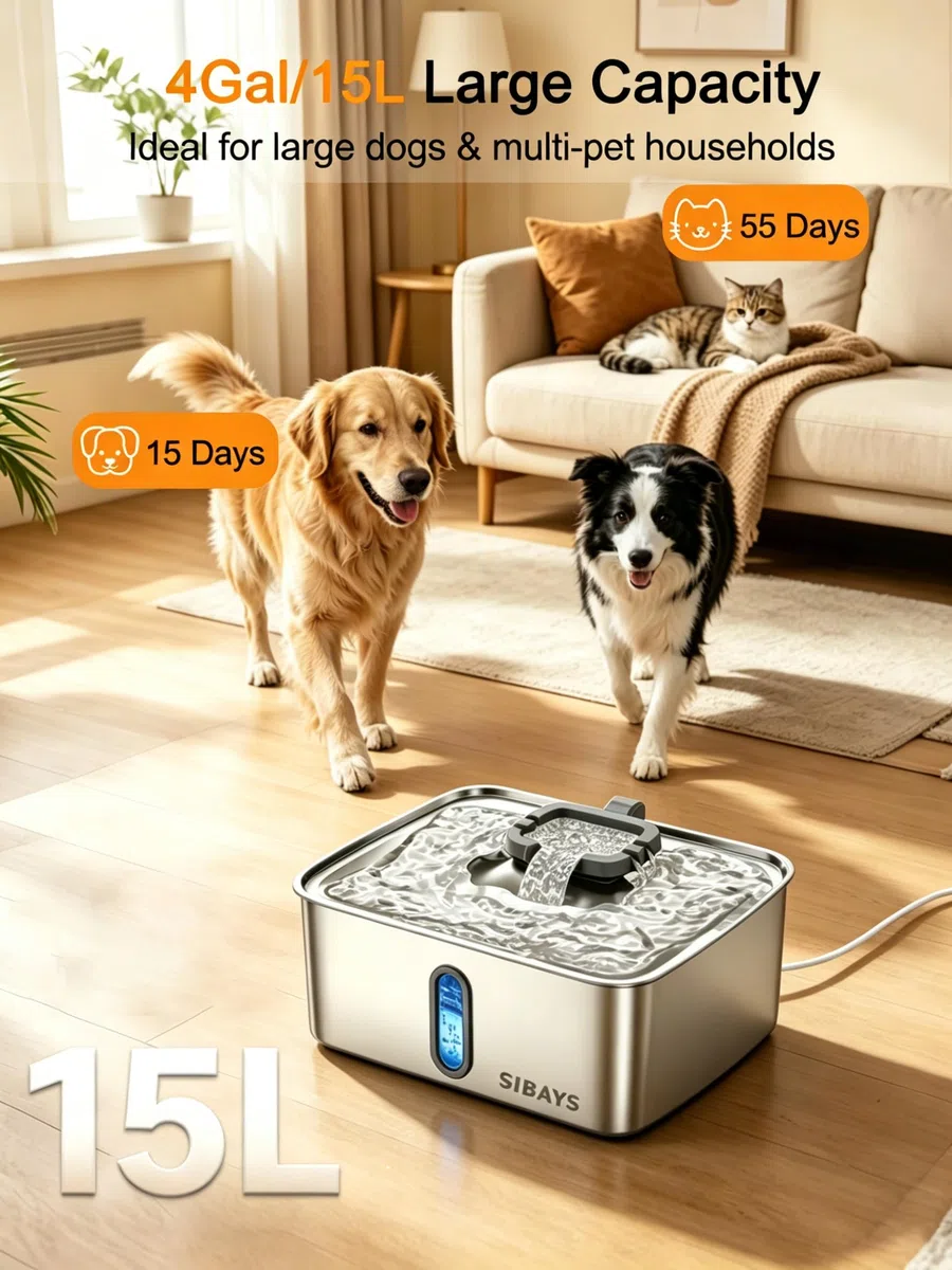 SIBAYS Fuente de agua para perros de 4 galones/15 L para perros grandes, fuente de agua de acero inoxidable para mascotas, dispensador automático ultra silencioso con ventana de nivel de agua y luz