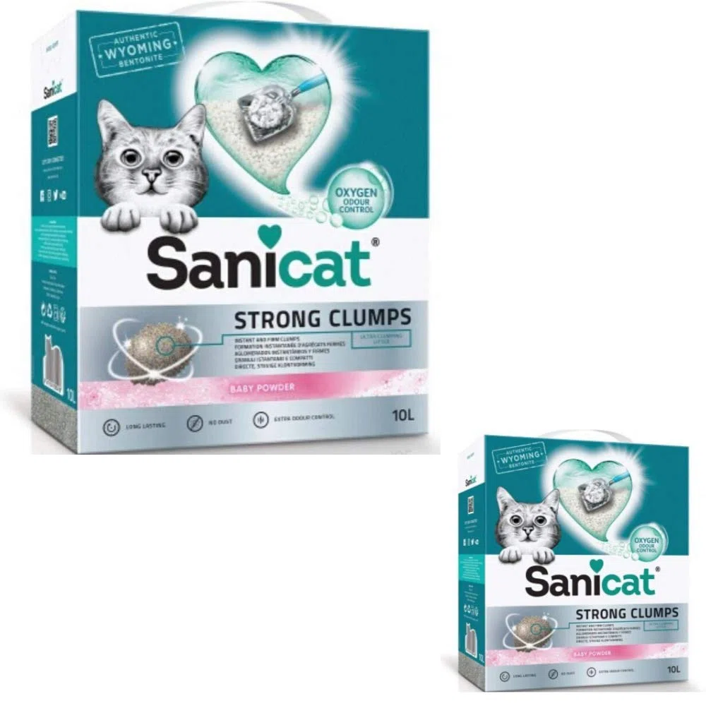 Sanicat Ultra Clumping - Arena para gatos, 2 x 10 L, natural, fuerte, desodorante sin polvo, agradable aroma fresco de talco de bebé